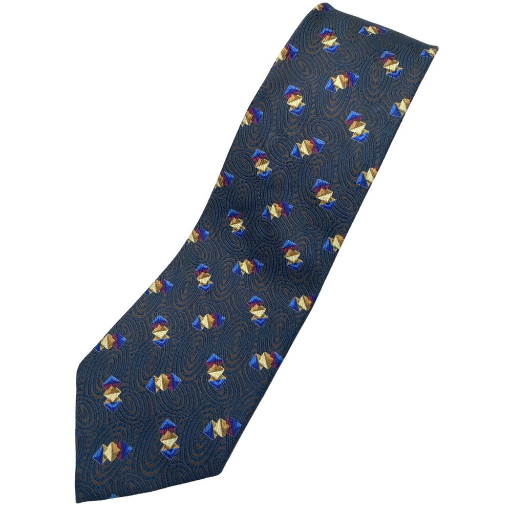 Ermenegildo Zegna Silk Tie Blue Brown Gold Red Geometric Swirl Abstract Italy